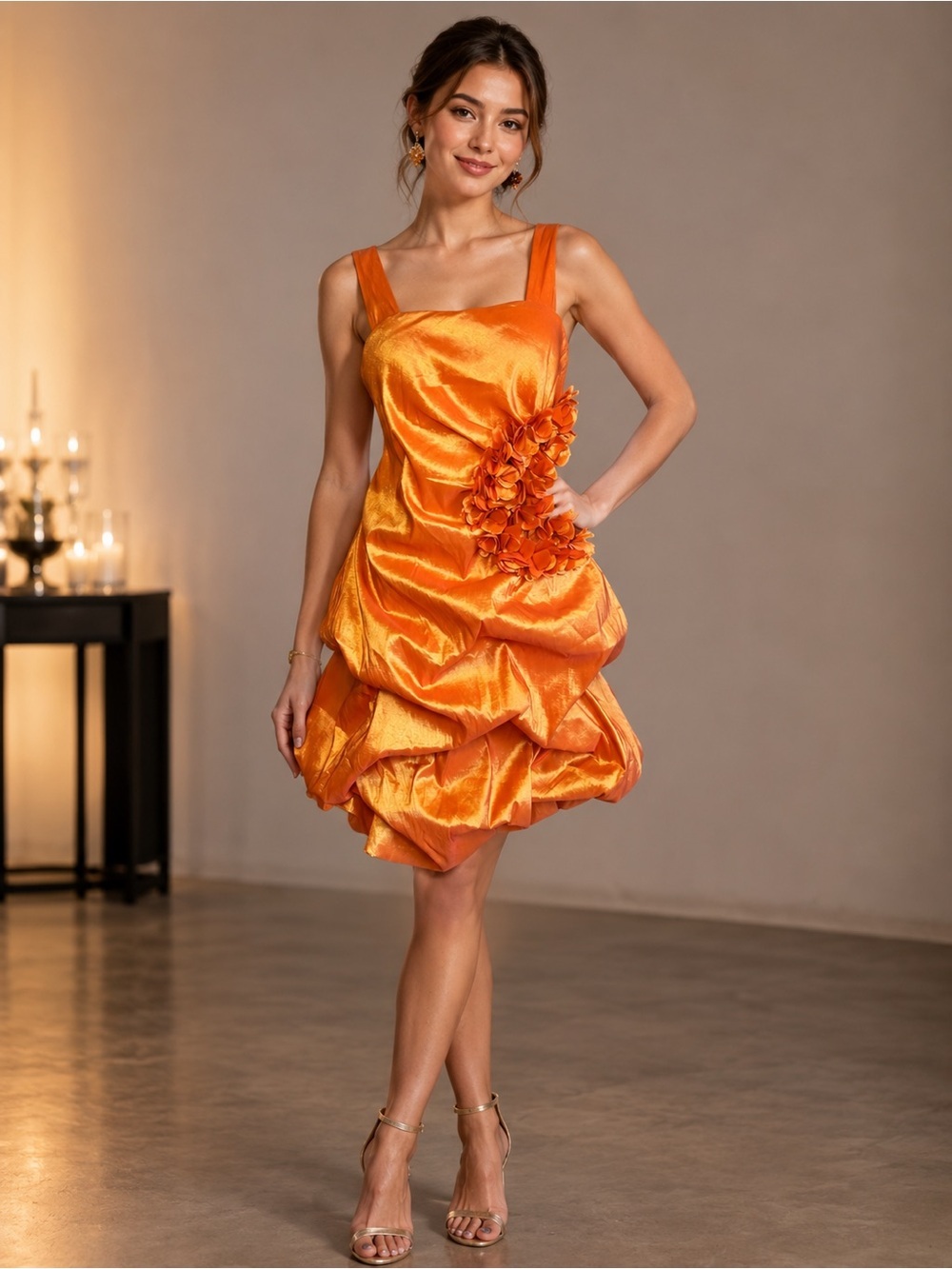 Stacy Adams Bubble Ruffle 3D Floral Appliqué Sunset Orange Cocktail Dress size